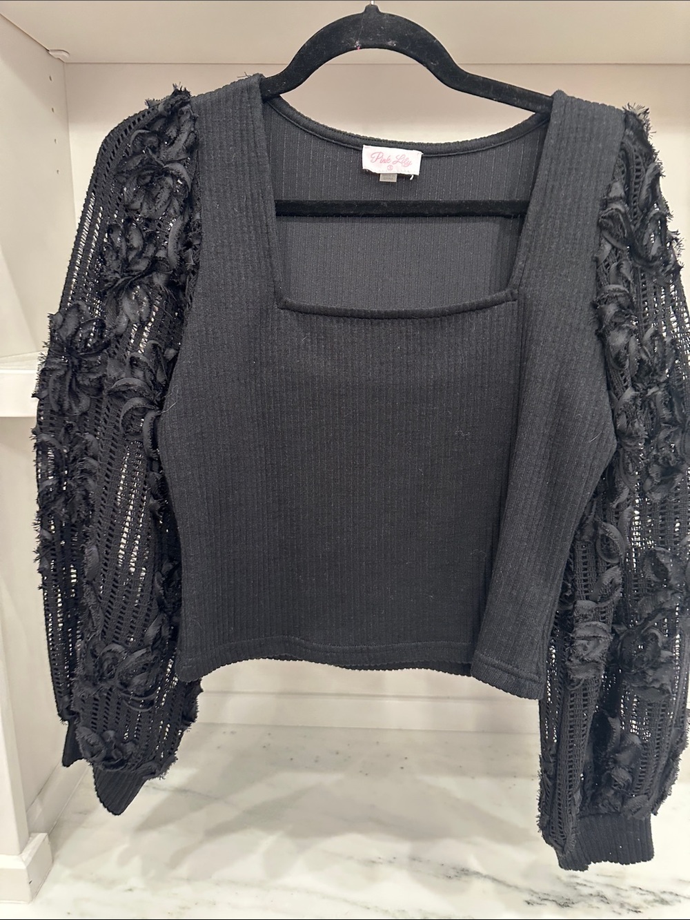 Pink Lily small Black Square-Neck Knit Top with Lace Balloon Sleeves. Like new